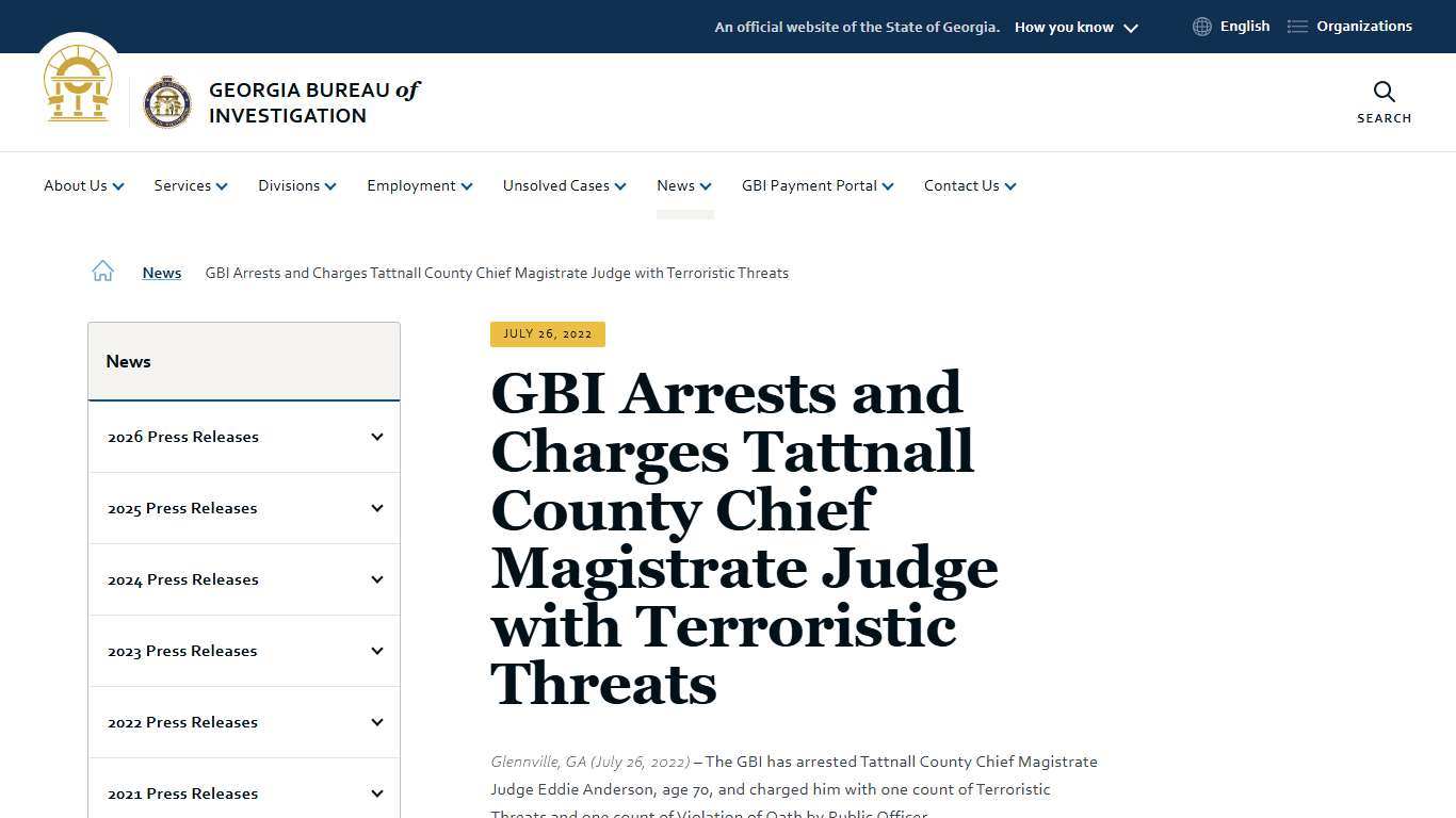 GBI Arrests and Charges Tattnall County Chief Magistrate Judge with Terroristic Threats Georgia Bureau of Investigation