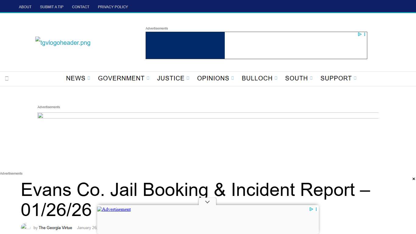 Evans Co. Jail Booking & Incident Report - 01/26/26 • The Georgia Virtue